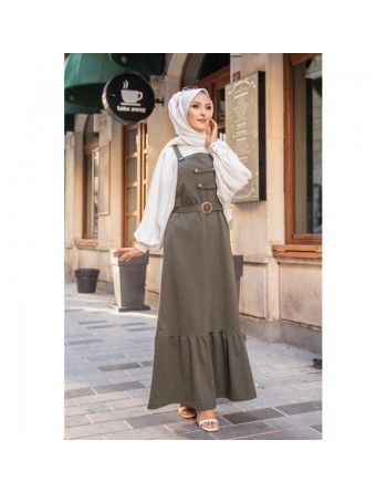 Robe bretelle (Salopette ) et sa ceinture assortie pour femme (Vetement islamique en ligne) - Couleur kaki 