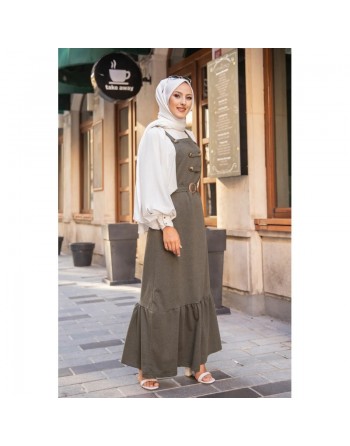 Robe bretelle (Salopette ) et sa ceinture assortie pour femme (Vetement islamique en ligne) - Couleur kaki 