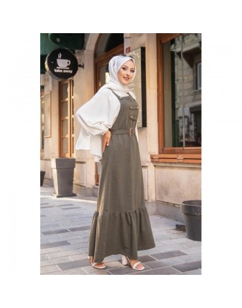 Robe bretelle (Salopette ) et sa ceinture assortie pour femme (Vetement islamique en ligne) - Couleur kaki 