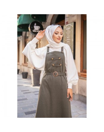 Robe bretelle (Salopette ) et sa ceinture assortie pour femme (Vetement islamique en ligne) - Couleur kaki 