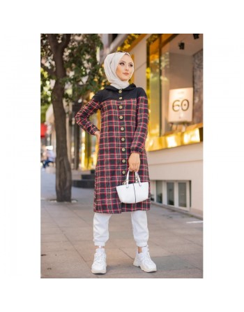 Tunique longue boutonnée à carreaux avec capuche (Vetement pour femme voilée - Mode Musulmane) 