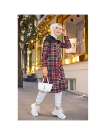 Tunique longue boutonnée à carreaux avec capuche (Vetement pour femme voilée - Mode Musulmane) 