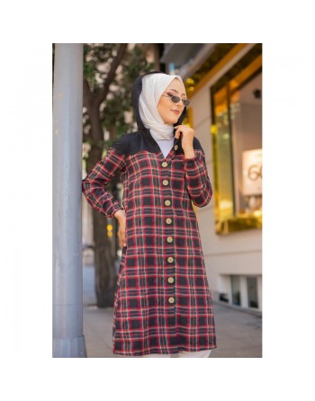 Tunique longue boutonnée à carreaux avec capuche (Vetement pour femme voilée - Mode Musulmane) 