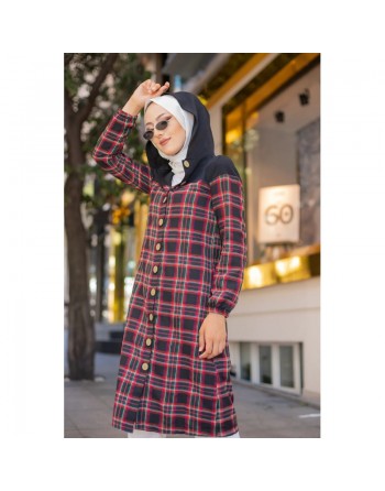 Tunique longue boutonnée à carreaux avec capuche (Vetement pour femme voilée - Mode Musulmane) 