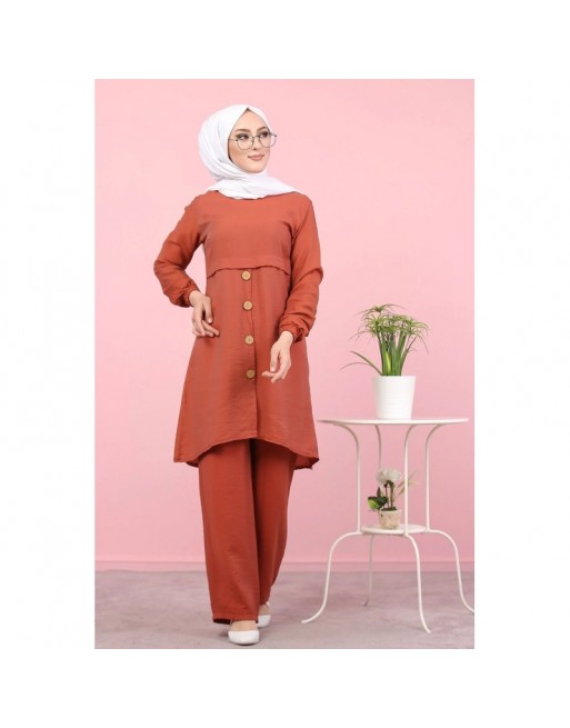 Tunique ample évasée boutonnée pour femme (Mode islamique) - Couleur Brique Tunique ample évasée boutonnée pour femme (Mode islamique) - Couleur Brique
