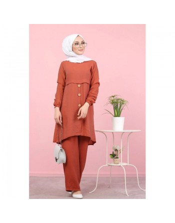 Tunique ample évasée boutonnée pour femme (Mode islamique) - Couleur Brique 
