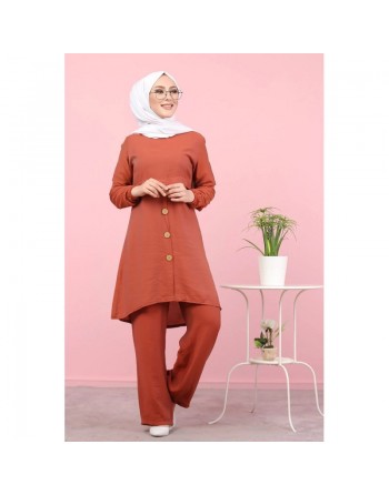 Tunique ample évasée boutonnée pour femme (Mode islamique) - Couleur Brique 