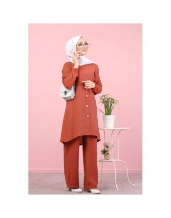 Tunique ample évasée boutonnée pour femme (Mode islamique) - Couleur Brique 