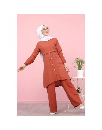Tunique ample évasée boutonnée pour femme (Mode islamique) - Couleur Brique 