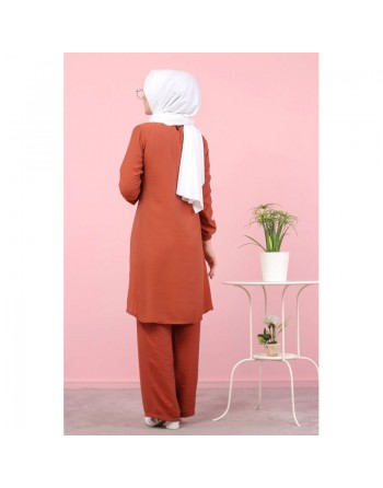 Tunique ample évasée boutonnée pour femme (Mode islamique) - Couleur Brique 