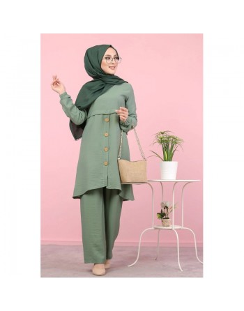 Tunique ample évasée boutonnée pour femme (Mode Musulmane) - Couleur Kaki 
