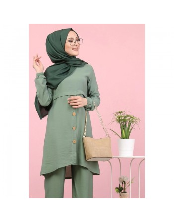 Tunique ample évasée boutonnée pour femme (Mode Musulmane) - Couleur Kaki 