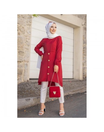 Tunique ample évasée boutonnée (Vetement style habillé pour femme voilée) - Couleur Rouge Bordeaux 