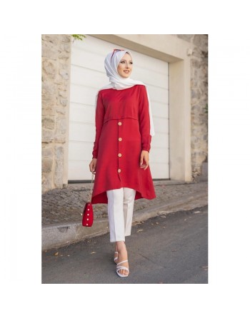 Tunique ample évasée boutonnée (Vetement style habillé pour femme voilée) - Couleur Rouge Bordeaux 
