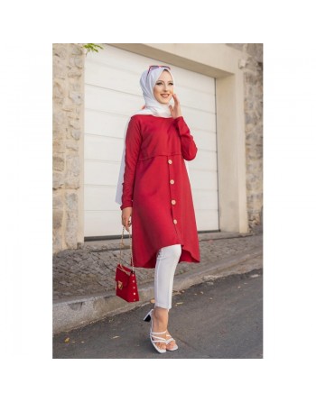 Tunique ample évasée boutonnée (Vetement style habillé pour femme voilée) - Couleur Rouge Bordeaux 