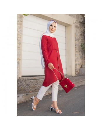 Tunique ample évasée boutonnée (Vetement style habillé pour femme voilée) - Couleur Rouge Bordeaux 