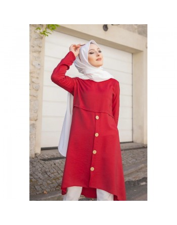 Tunique ample évasée boutonnée (Vetement style habillé pour femme voilée) - Couleur Rouge Bordeaux 