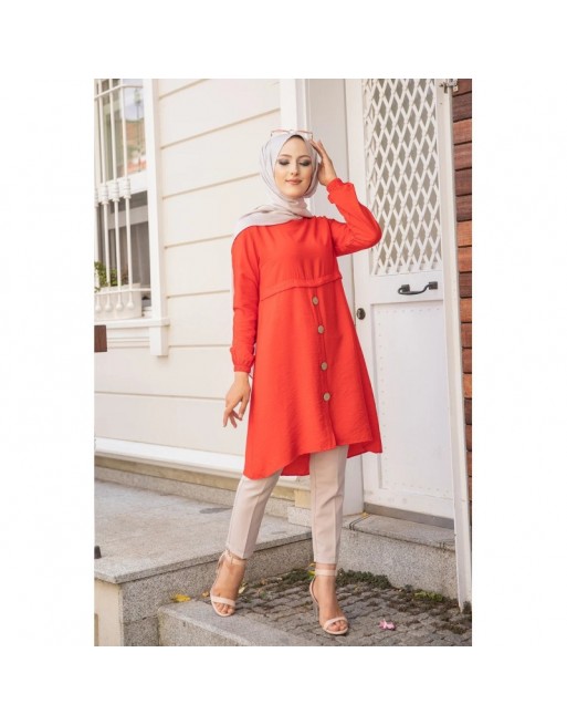 Tunique ample évasée boutonnée pour femme (Nouveauté Modest Fashion) - Couleur Grenade Tunique ample évasée boutonnée pour femme (Nouveauté Modest Fashion) - Couleur Grenade