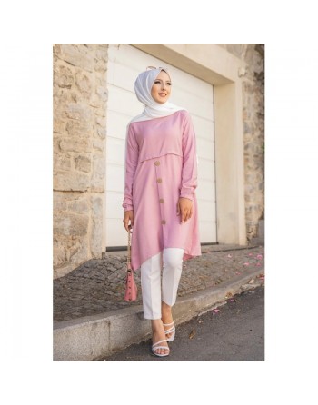 Tunique ample évasée boutonnée pour femme (Modest Fashion) - Couleur rose 