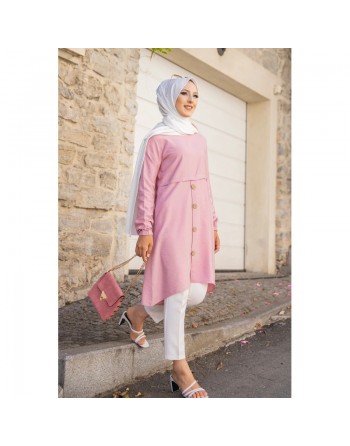 Tunique ample évasée boutonnée pour femme (Modest Fashion) - Couleur rose 