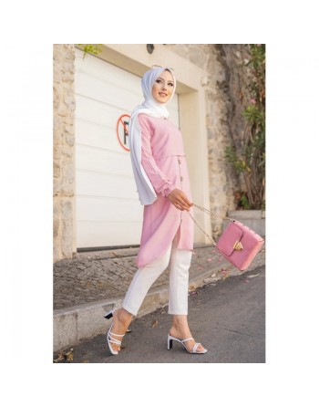 Tunique ample évasée boutonnée pour femme (Modest Fashion) - Couleur rose 