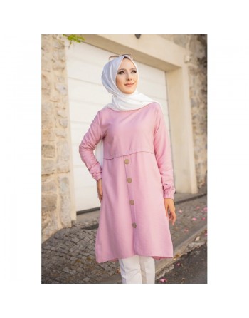 Tunique ample évasée boutonnée pour femme (Modest Fashion) - Couleur rose 
