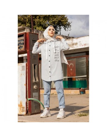 Tunique-Chemise imprimée avec capuche (Vetement femme Hijab Turquie) - Couleur Bleu clair 