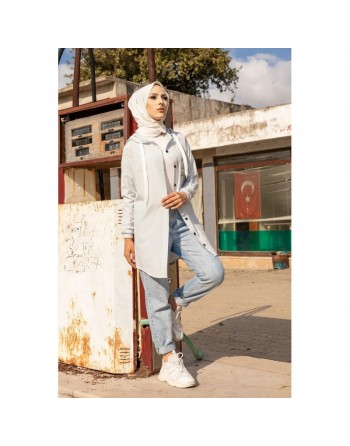 Tunique-Chemise imprimée avec capuche (Vetement femme Hijab Turquie) - Couleur Bleu clair 
