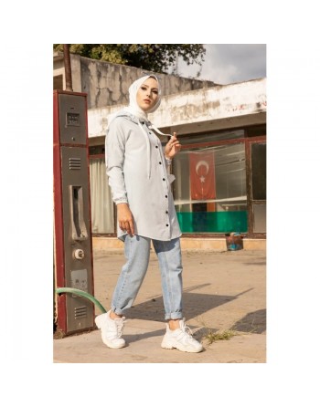 Tunique-Chemise imprimée avec capuche (Vetement femme Hijab Turquie) - Couleur Bleu clair 