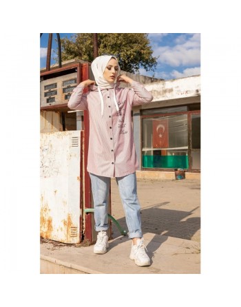Tunique-Chemise imprimée avec capuche (Vetement femme voilée Turquie) - Couleur Bordeaux 