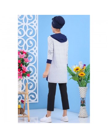 Tunique décontractée à capuche pour femme - Couleur blanche et bleu marine à rayures grise 