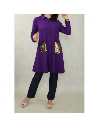 Chemise tunique mi-longue avec poches dorées (Plusieurs couleurs disponibles) 