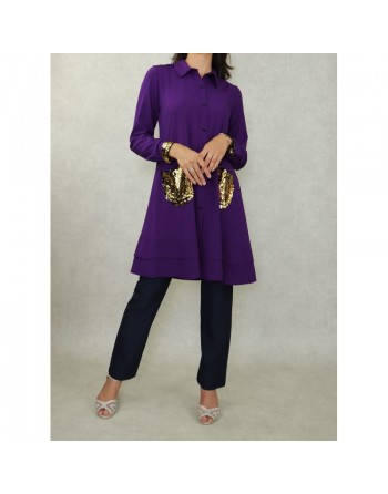 Chemise tunique mi-longue avec poches dorées (Plusieurs couleurs disponibles) 