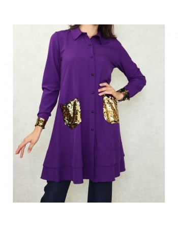 Chemise tunique mi-longue avec poches dorées (Plusieurs couleurs disponibles) 