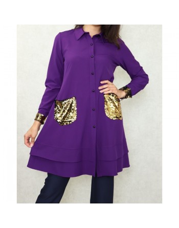 Chemise tunique mi-longue avec poches dorées (Plusieurs couleurs disponibles) 