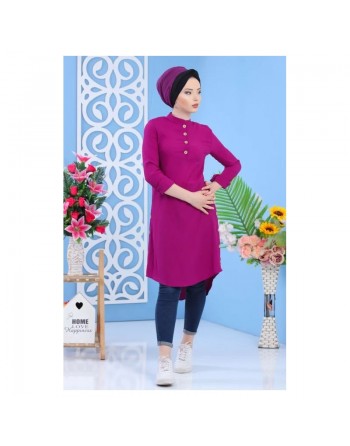 Tunique longue décoration boutons - Couleur violet (Grande taille disponible pour femme) 