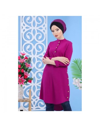 Tunique longue décoration boutons - Couleur violet (Grande taille disponible pour femme) 