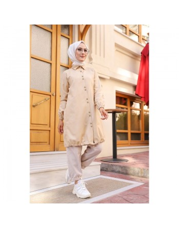 Tunique-Chemise ample boutonnée (Vetement décontracté femme voilée) - Couleur Beige 