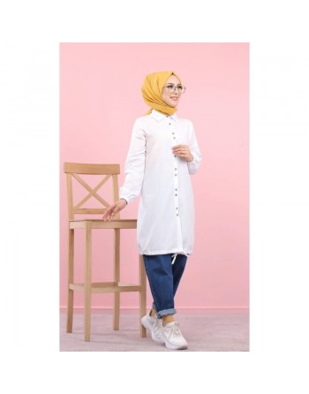 Tunique-Chemise ample boutonnée (Vetement décontracté femme voilée) - Couleur blanche 
