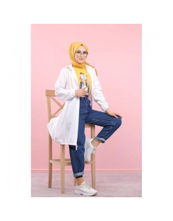 Tunique-Chemise ample boutonnée (Vetement décontracté femme voilée) - Couleur blanche 