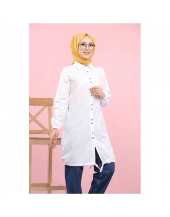 Tunique-Chemise ample boutonnée (Vetement décontracté femme voilée) - Couleur blanche 