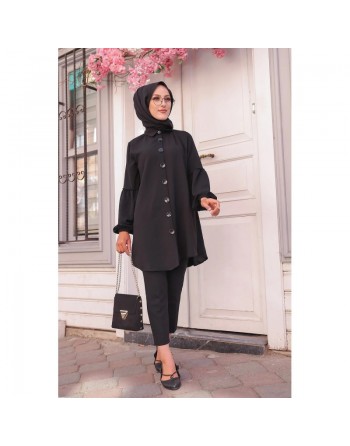 Tunique Chemise ample fermeture boutons pour femme (Vêtement Mastour Hijab) - Couleur noir 