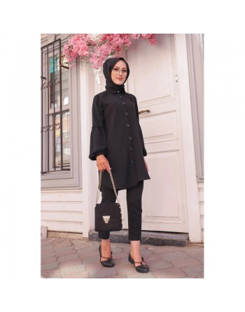 Tunique Chemise ample fermeture boutons pour femme (Vêtement Mastour Hijab) - Couleur noir 
