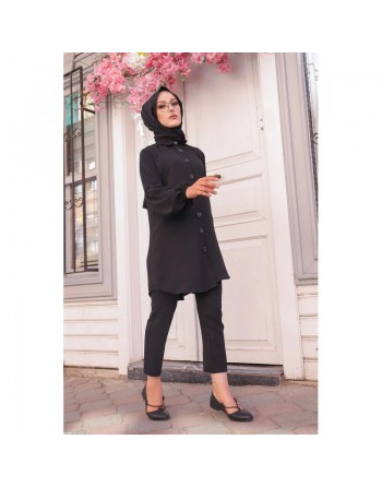 Tunique Chemise ample fermeture boutons pour femme (Vêtement Mastour Hijab) - Couleur noir 