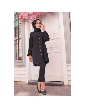 Tunique Chemise ample fermeture boutons pour femme (Vêtement Mastour Hijab) - Couleur noir 