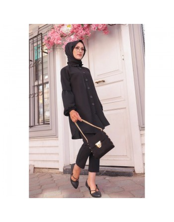 Tunique Chemise ample fermeture boutons pour femme (Vêtement Mastour Hijab) - Couleur noir 