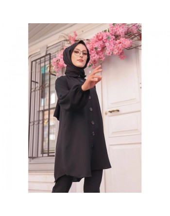 Tunique Chemise ample fermeture boutons pour femme (Vêtement Mastour Hijab) - Couleur noir 