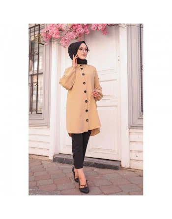 Tunique Chemise ample fermeture boutons pour femme (Vêtement Mastour Hijab) - Couleur beige 