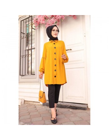 Tunique Chemise ample fermeture boutons pour femme (Vêtement Mastour Hijab) - Couleur jaune moutarde 