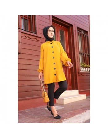 Tunique Chemise ample fermeture boutons pour femme (Vêtement Mastour Hijab) - Couleur jaune moutarde 